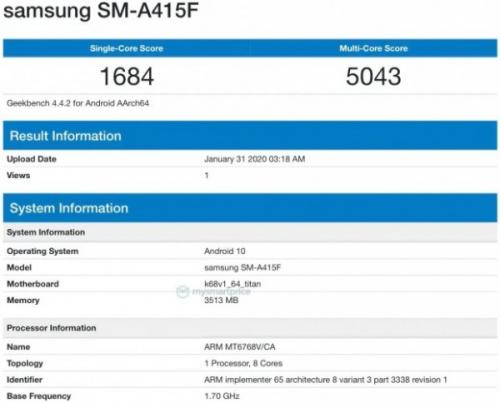 Смартфон Samsung Galaxy A41 засветил процессор Helio P65 в тесте Geekbench